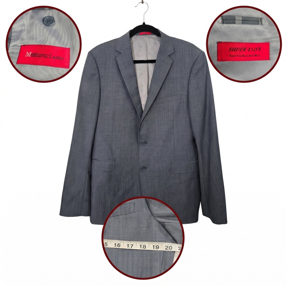 Mattarazi Uomo Mens Super 150s Wool Blazer Jacket Blue Gray 40R Professional